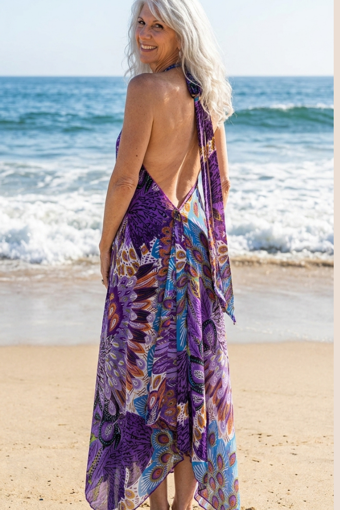 Sheer Halter Style CoverUp-Dress in a Purple Peacock Print