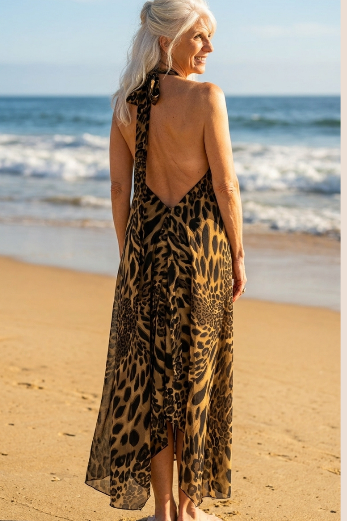 Sheer Halter Style CoverUp-Dress in Leopard