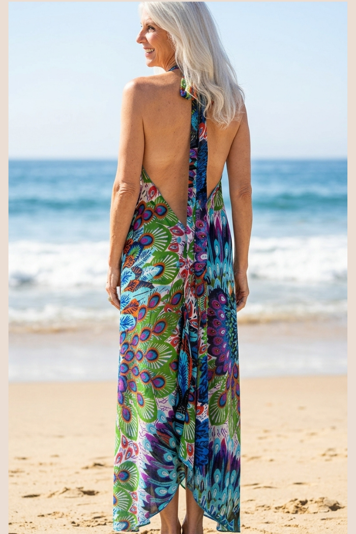 Sheer Halter Coverup/Dress in Blue Peacock