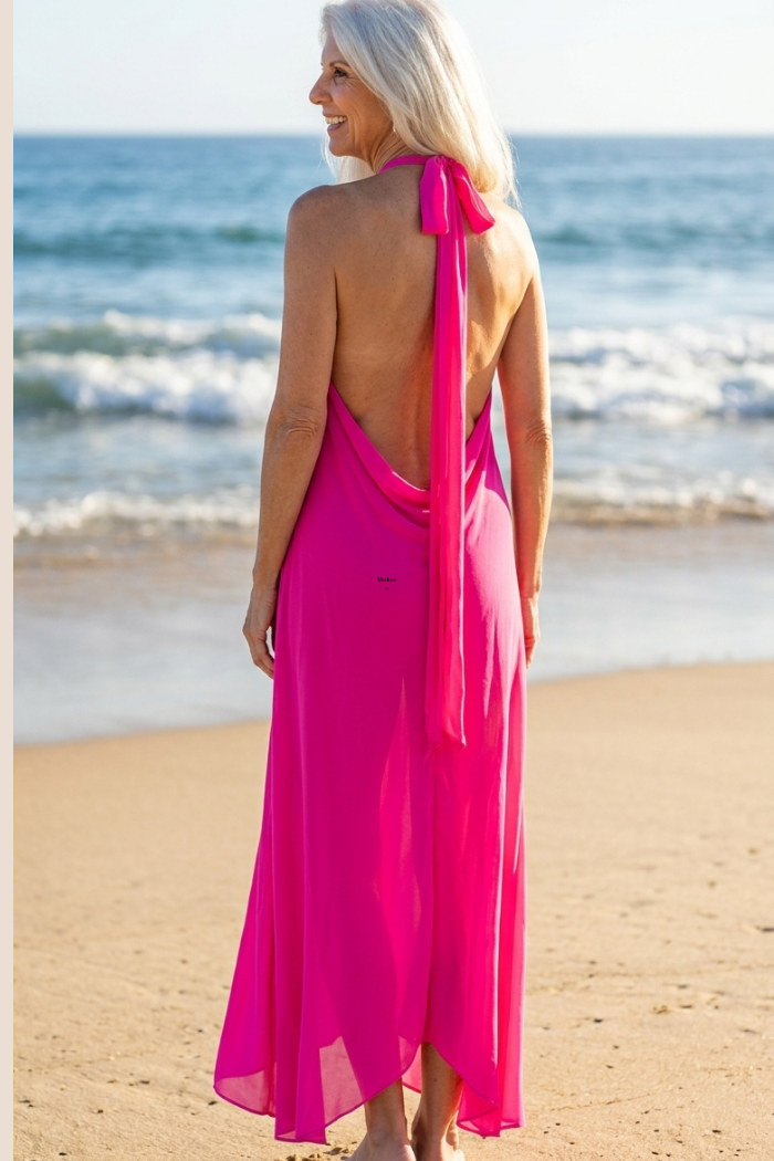 Sheer Halter Style CoverUp-Dress in Solid Hot Pink