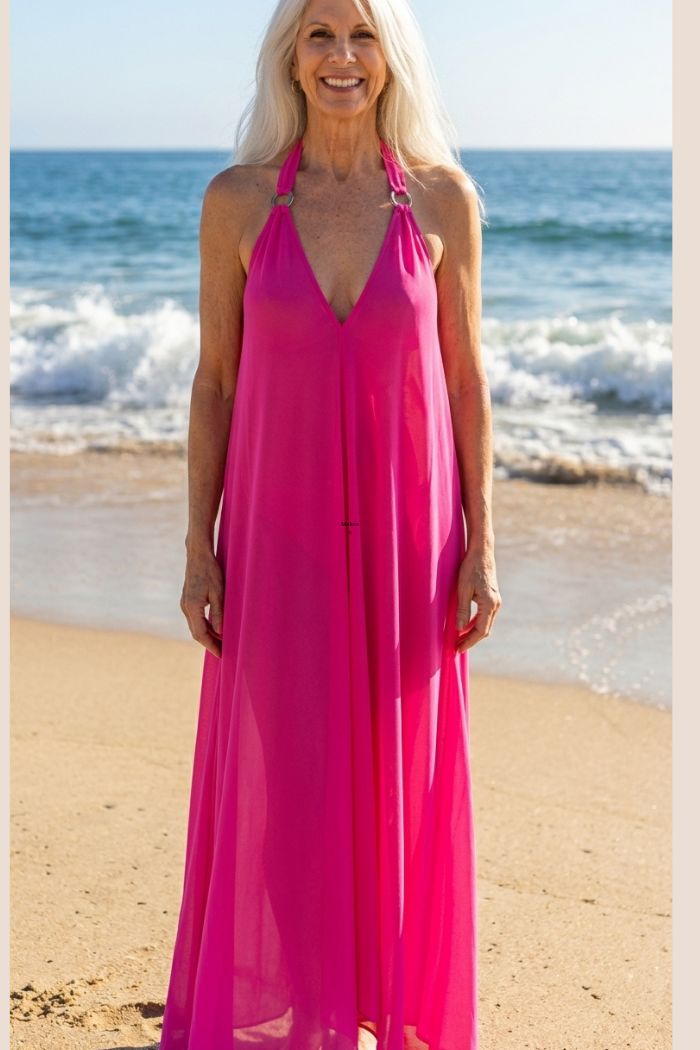 Sheer Halter Style CoverUp-Dress in Solid Hot Pink