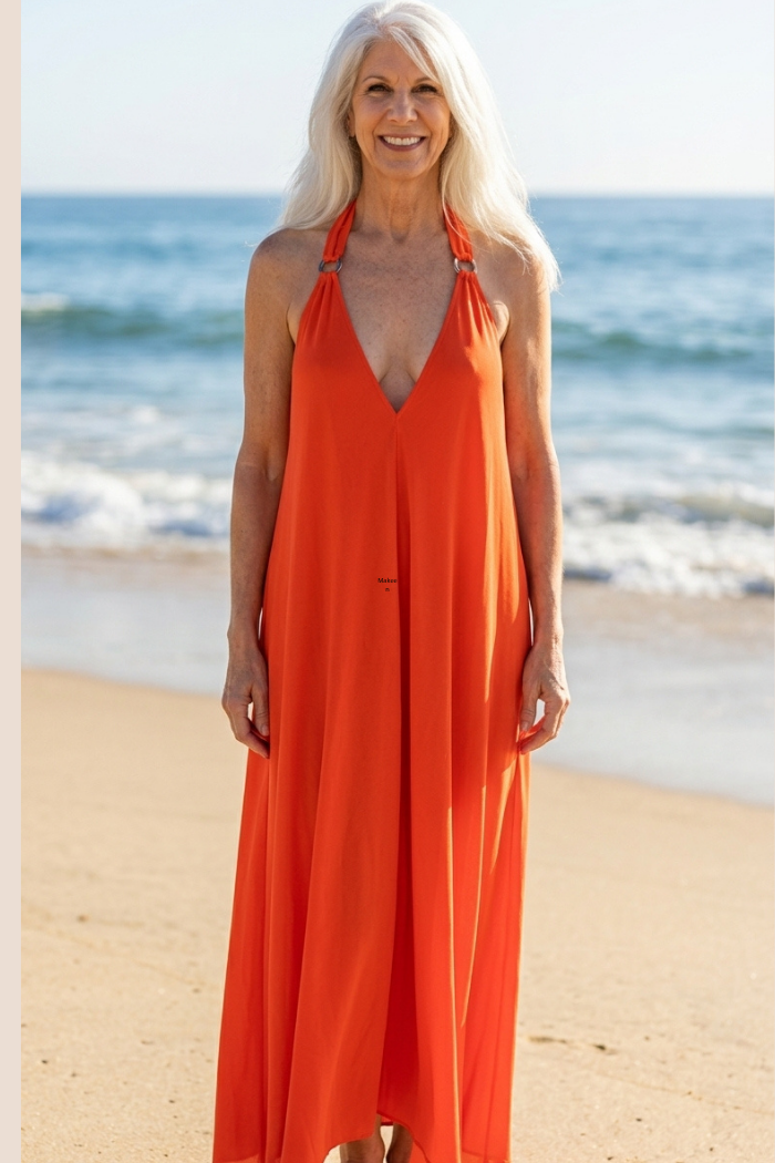 Sheer Halter Style CoverUp-Dress in Solid Red