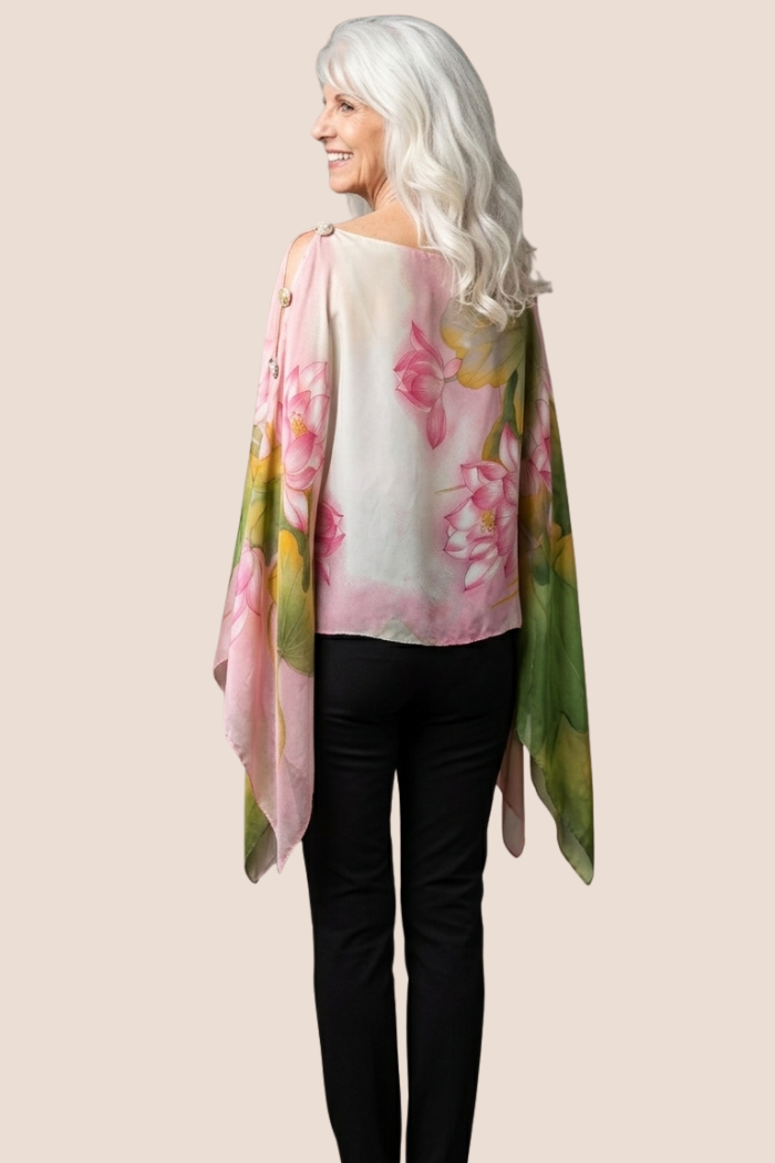 Silky Sheer 6-Button Poncho - Lotus Print-in Green-Pink
