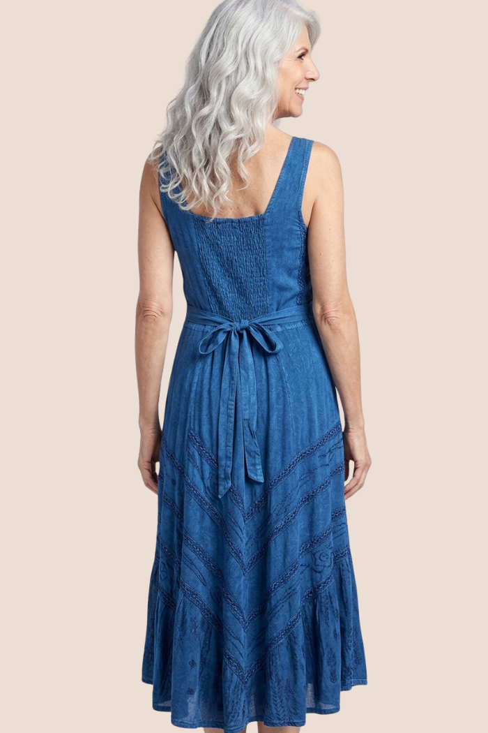 Corset Style Bodice Fit & Flare Midi Dress in Denim Blue