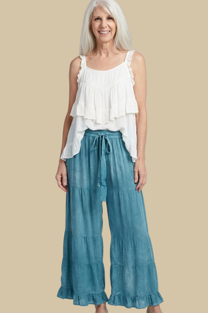 Rayon Tiered Pant in Teal Stone Wash