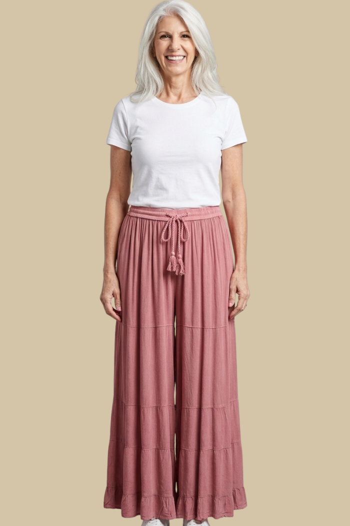 Rayon Tiered Pant in Dusty Rose Stone Wash
