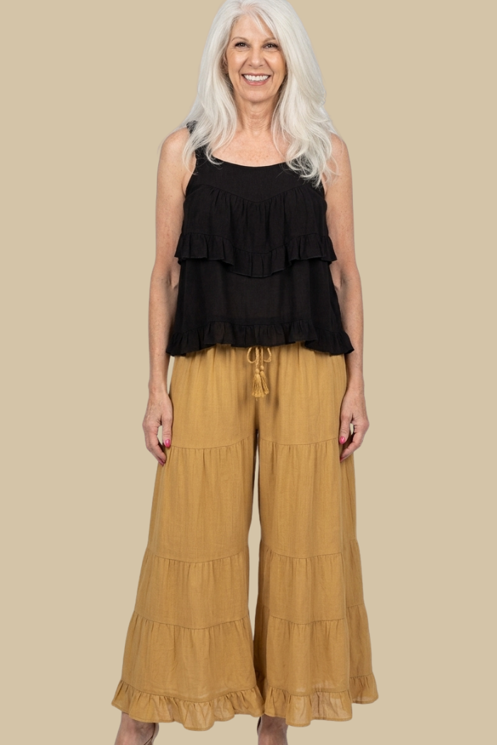 Rayon Tiered Pant in Mustard Stone Wash