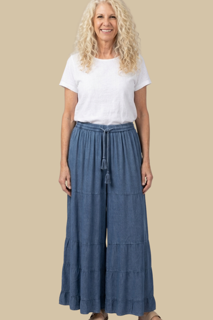 Rayon Tiered Pant in Denim Blue Stone Wash