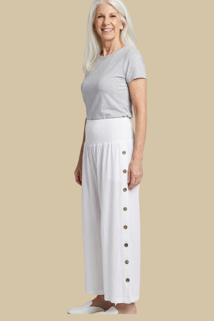 White Smocked Waist Pant with Side Button Detail