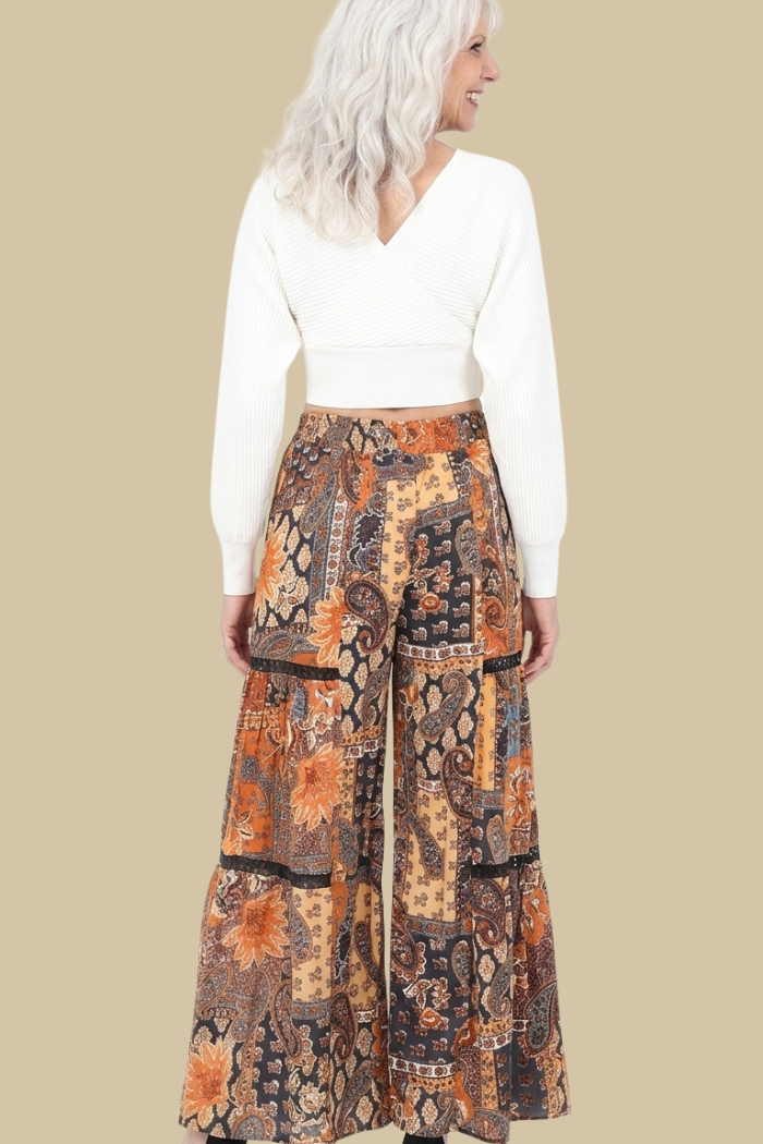 Wide Leg Pant with Lace Inserts - Sunset