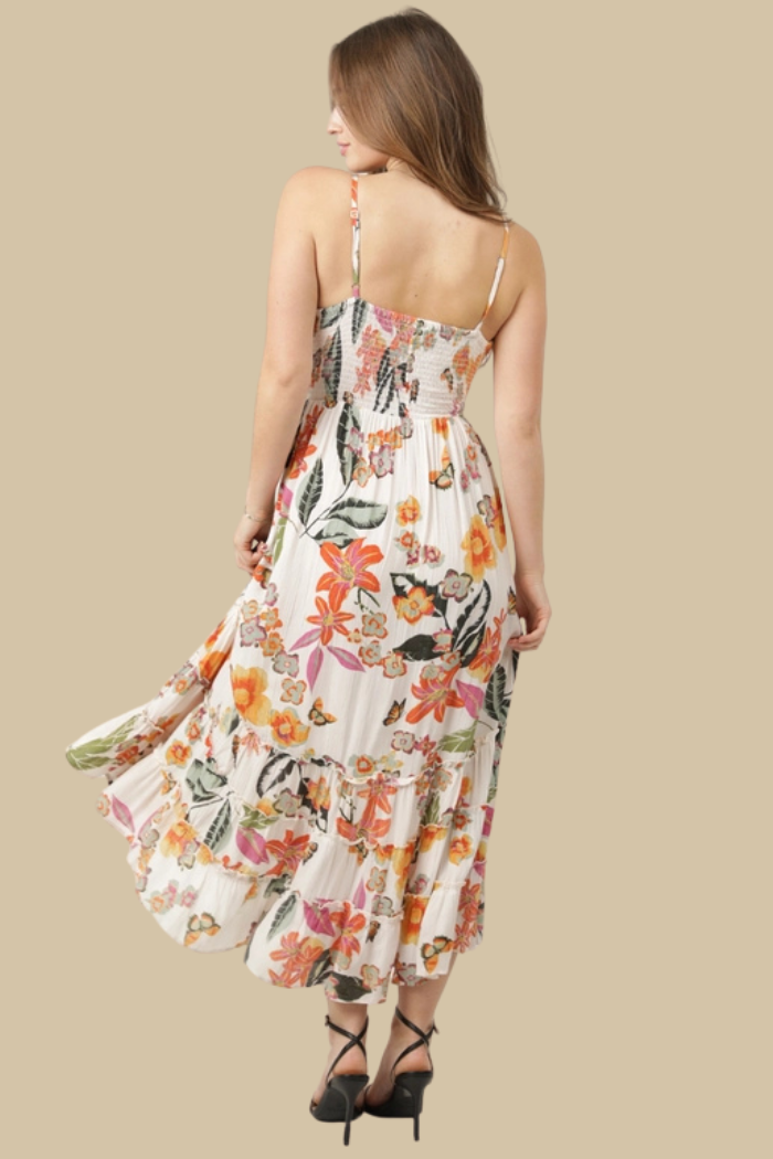 Tropical Print Hi-Lo Ruffle Hem Midi Dress