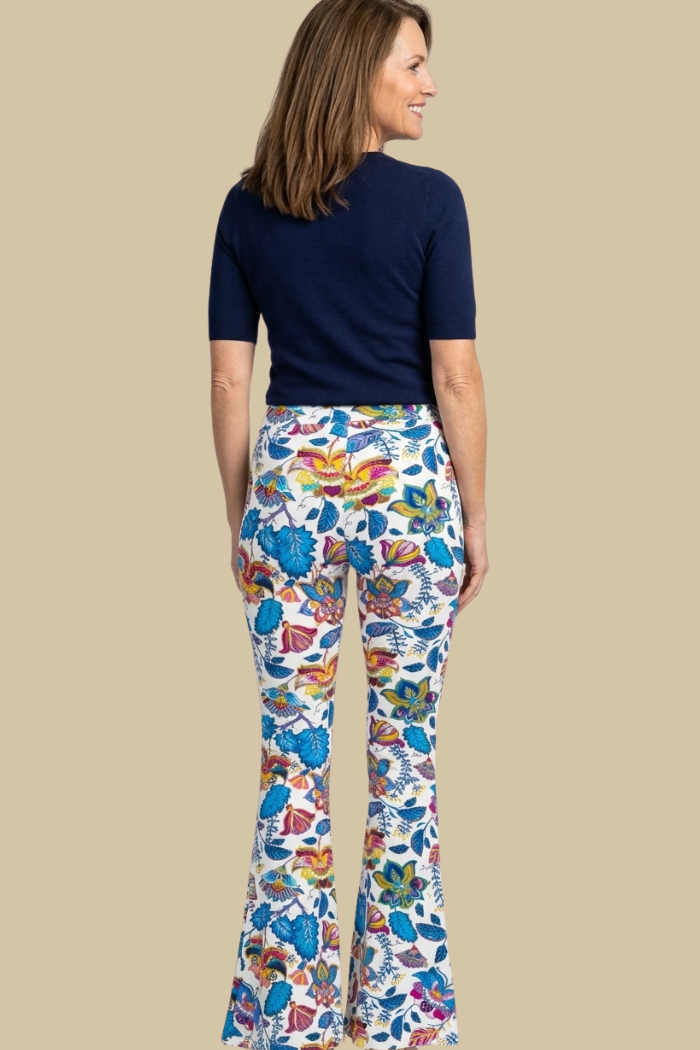 Flared Leg Palazzo Pant in Floral Print on White
