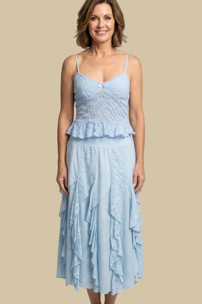 Cotton Ruffle Maxi Skirt in Light Blue