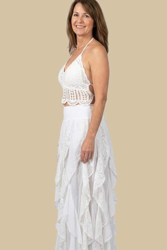 Cotton Ruffle Maxi Skirt in White