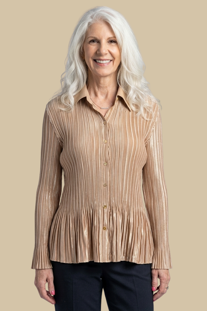 Stylish Satin Mini Pleated Shirt in Light Gold