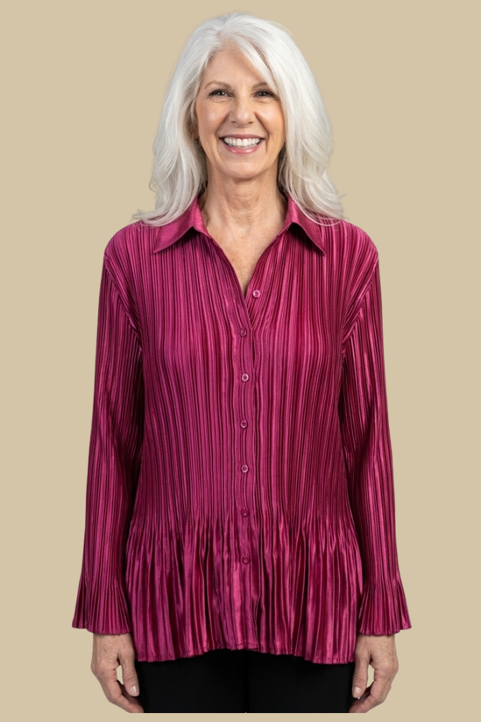 Stylish Satin Pleated Shirt in Solid Magenta