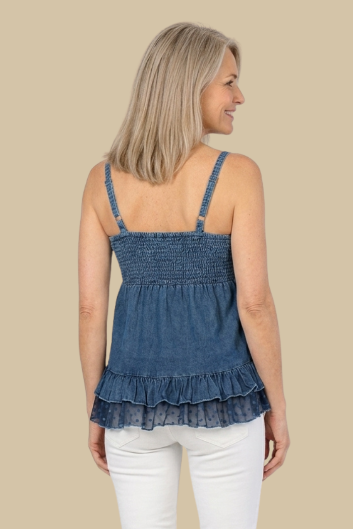 Sleeveless Ruffled Hem Rayon Top in Denim Blue