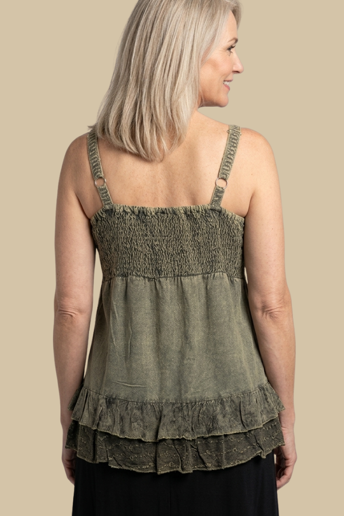 Sleeveless Ruffled Hem Rayon Top in Olive