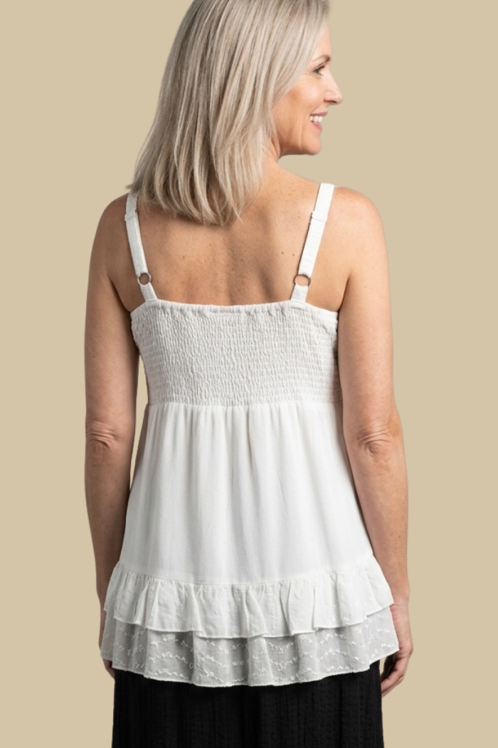 Sleeveless Ruffled Hem Rayon Top in Natural