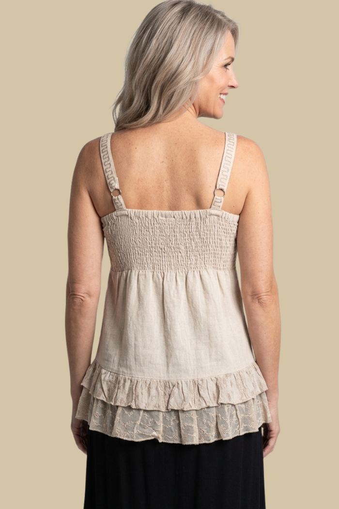 Sleeveless Ruffled Hem Rayon Top in Sand