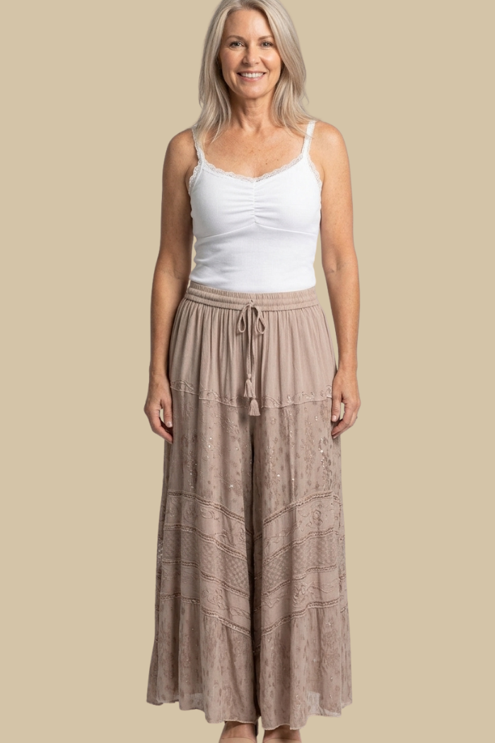 Boho Inspired Embroidered and Trimmed Maxi Skirt in Beige