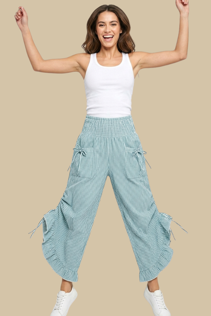 Green Stripe Ruffled Hem Pantaloon Pant