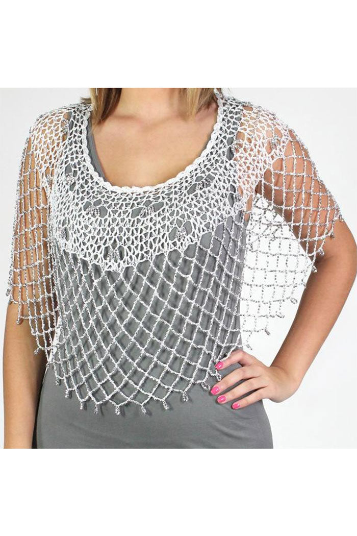 BEADED PONCHO-WHITE/SILVER