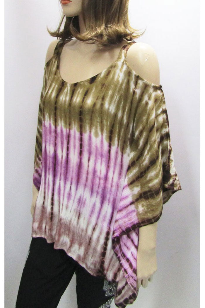 Gauzy Cold Shoulder Tie Dye Poncho In Beige & Purple