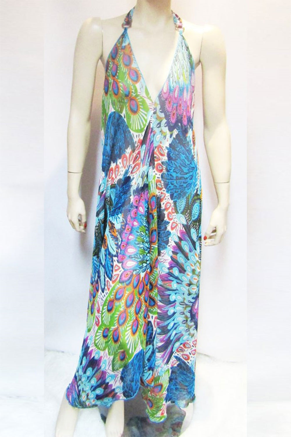 SHEER BLUE PEACOCK HALTER DRESS SHEER BLUE PEACOCK HALTER DRESS