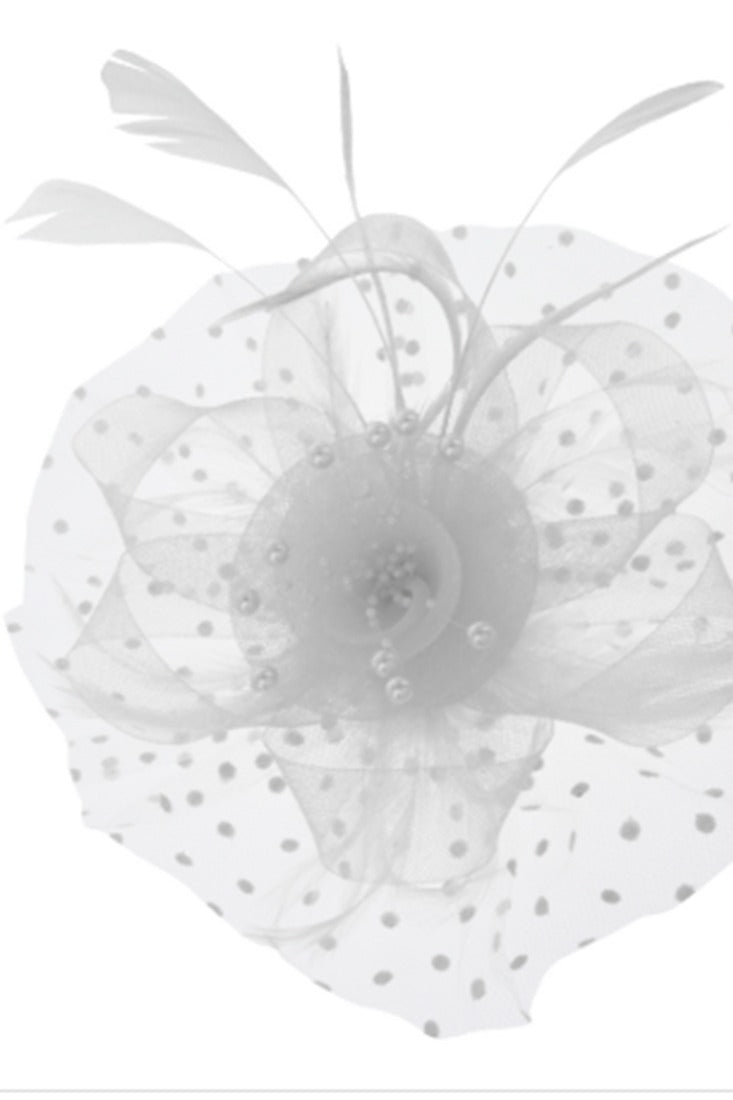 MESH FLORAL FEATHER FASCINATOR WITH DOTTED RUFFLE - White