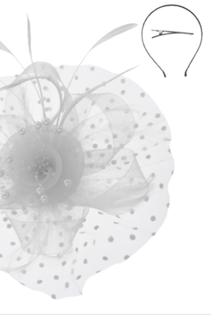 MESH FLORAL FEATHER FASCINATOR WITH DOTTED RUFFLE - White