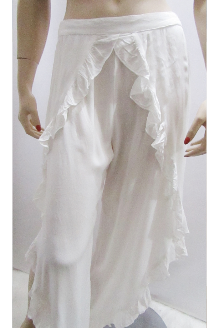 Ruffled Side Split Pant in White