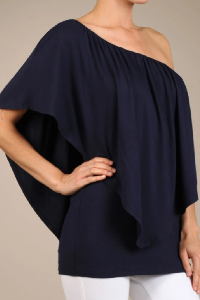 Convertible Elasticized Neckline Top - Navy