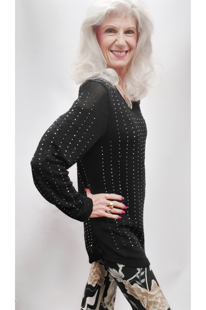 Mesh Knit Rhinestone Pullover