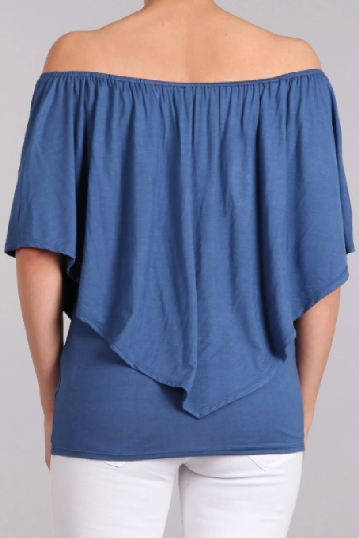 Convertible Elasticized Neckline Top - Denim Blue