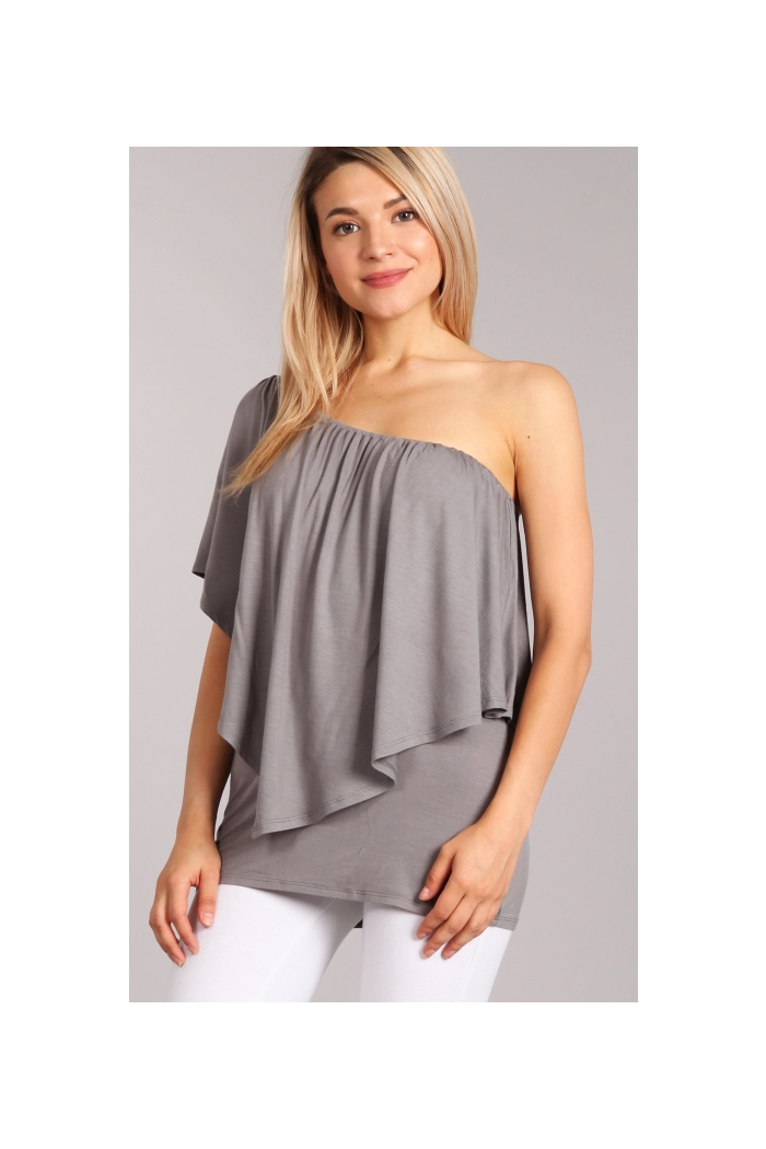 Convertible Elasticized Neckline Top - Slate Gray