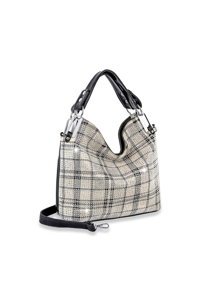 Plaid and Rhinestone Shoulder Handbag
