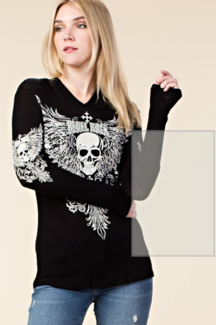 Long Sleeve Hoodie with Skull & Wings Design
