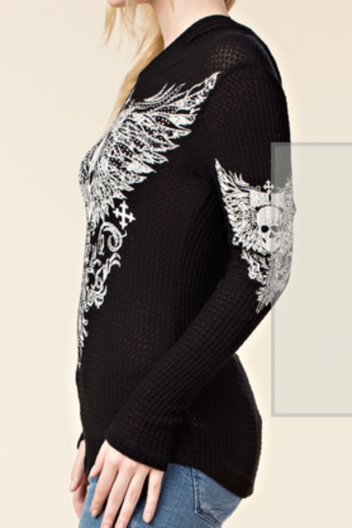 Long Sleeve Hoodie with Skull & Wings Design