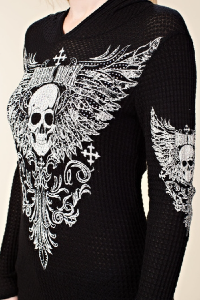 Long Sleeve Hoodie with Skull & Wings Design