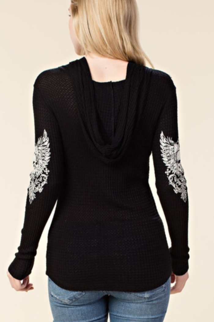 Long Sleeve Hoodie with Skull & Wings Design