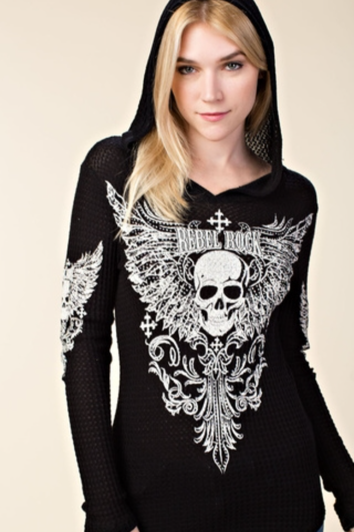 Long Sleeve Hoodie with Skull & Wings Design