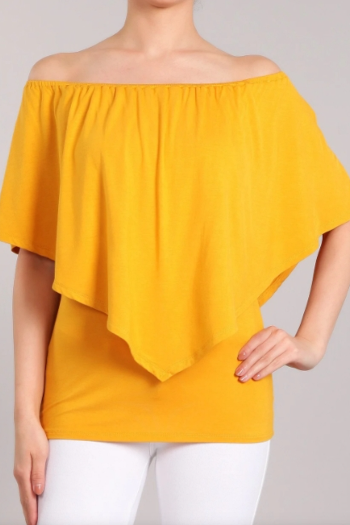 Convertible Elasticized Neckline Top - Mustard Yellow