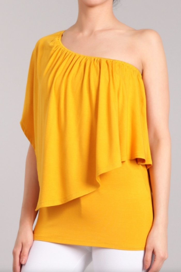 Convertible Elasticized Neckline Top - Mustard Yellow