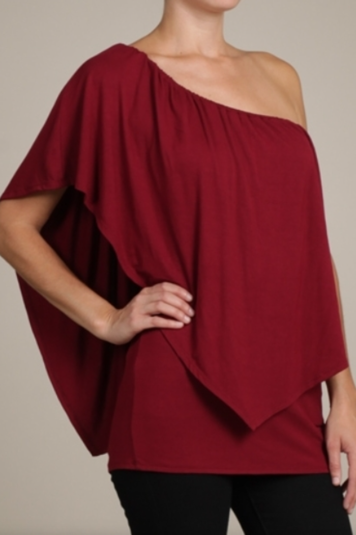 Convertible Elasticized Neckline Top - Burgandy
