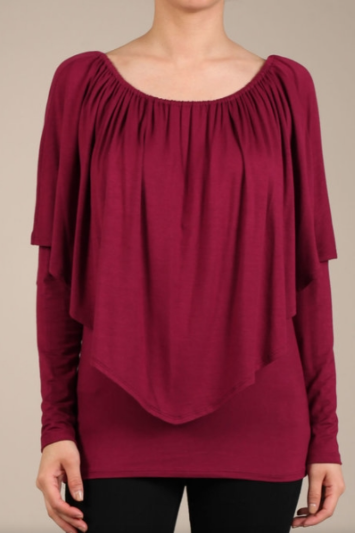 Convertible Elasticized Neckline Long Sleeve Top - Burgandy