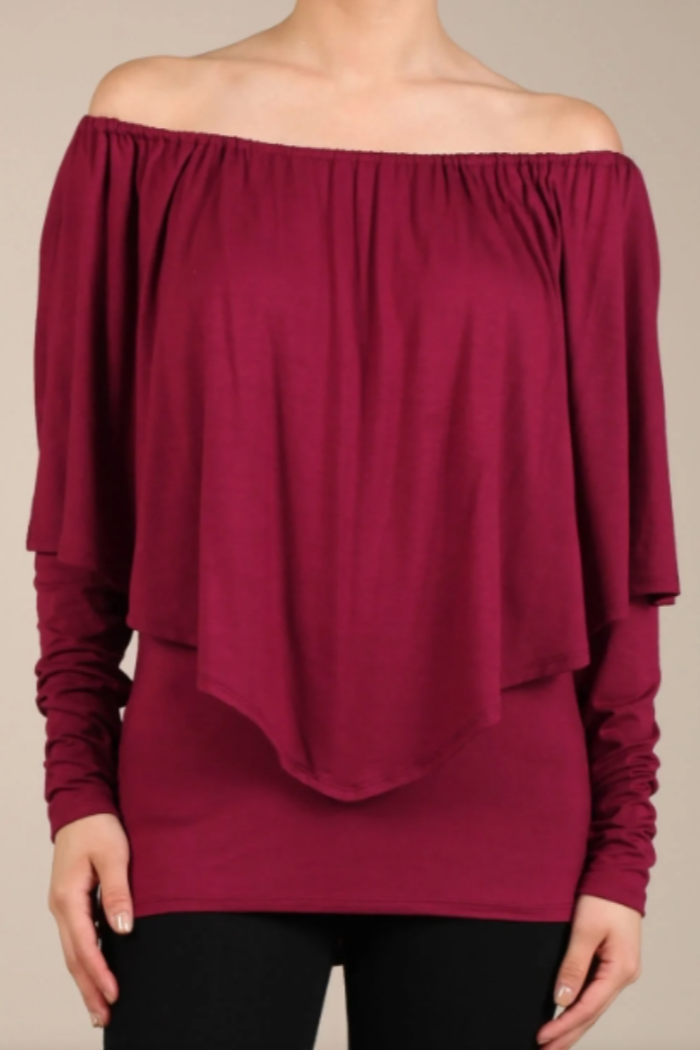 Convertible Elasticized Neckline Long Sleeve Top - Burgandy