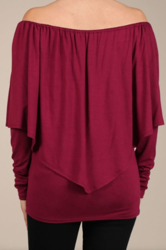 Convertible Elasticized Neckline Long Sleeve Top - Burgandy