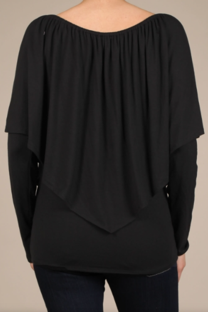 Convertible Elasticized Neckline Long Sleeve Top - Black