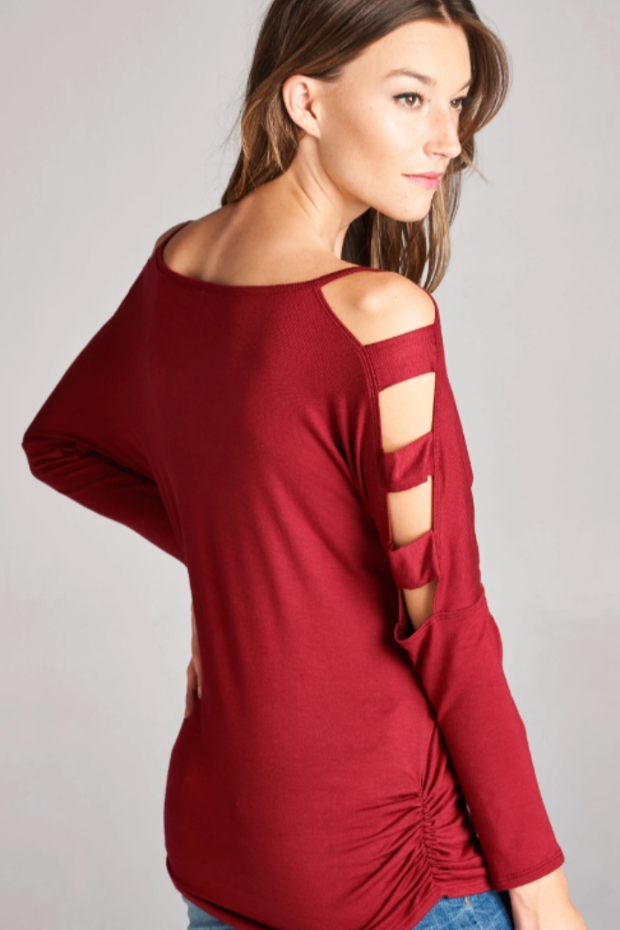 Strap Detail Long Sleeve Top in Birgandy